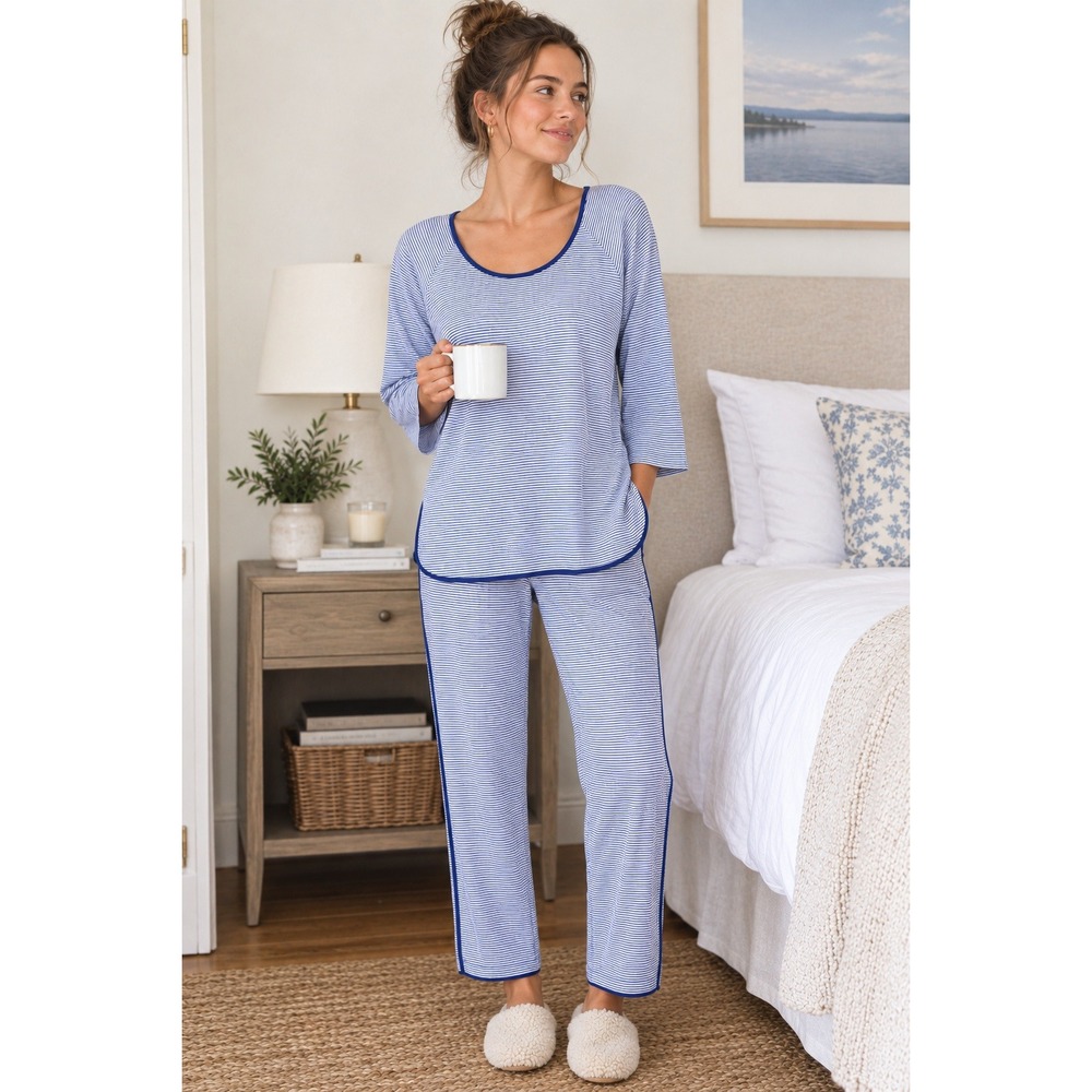 Lake Pajamas Set Women Large Blue White Striped Pima Cotton